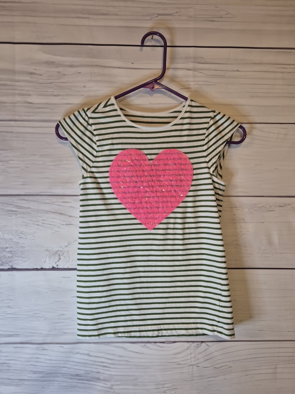 Crazy 8 Girls Green & White Striped Tee with Hot Pink Sequin Heart
